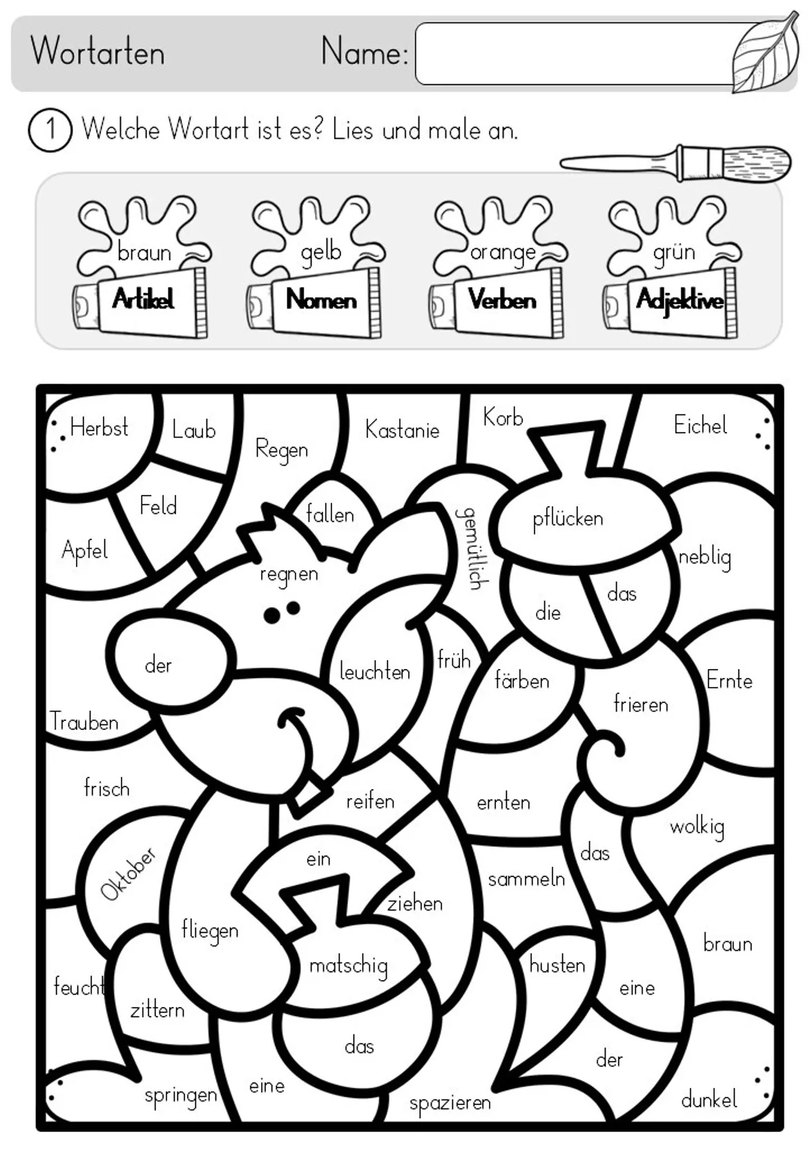 Bild in der Beschreibung des Unterrichtsmaterials Herbst - Wortarten - Lesen & Malen mit Lösungen - Artikel, Nomen, Verben, Adjektive von Odd Bird & Company #1