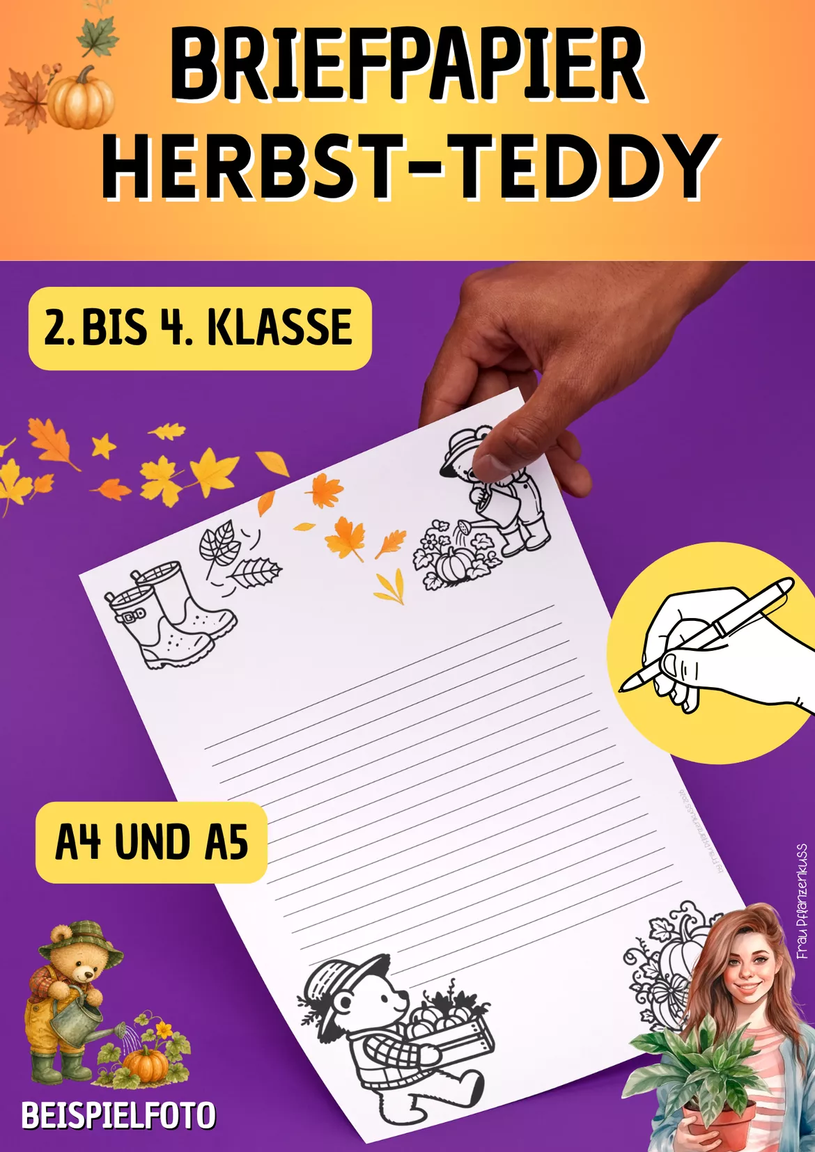 Bild in der Beschreibung des Unterrichtsmaterials Briefpapier Herbst | Niedliche Bären & Teddybären | Klasse 2–4 von Frau Pflanzenkuss #1