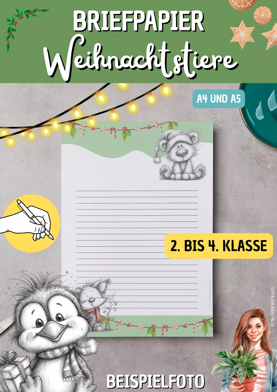 Bild in der Beschreibung des Unterrichtsmaterials Briefpapier Weihnachten | Niedliche Weihnachtstiere | Klasse 2–4 von Frau Pflanzenkuss #2