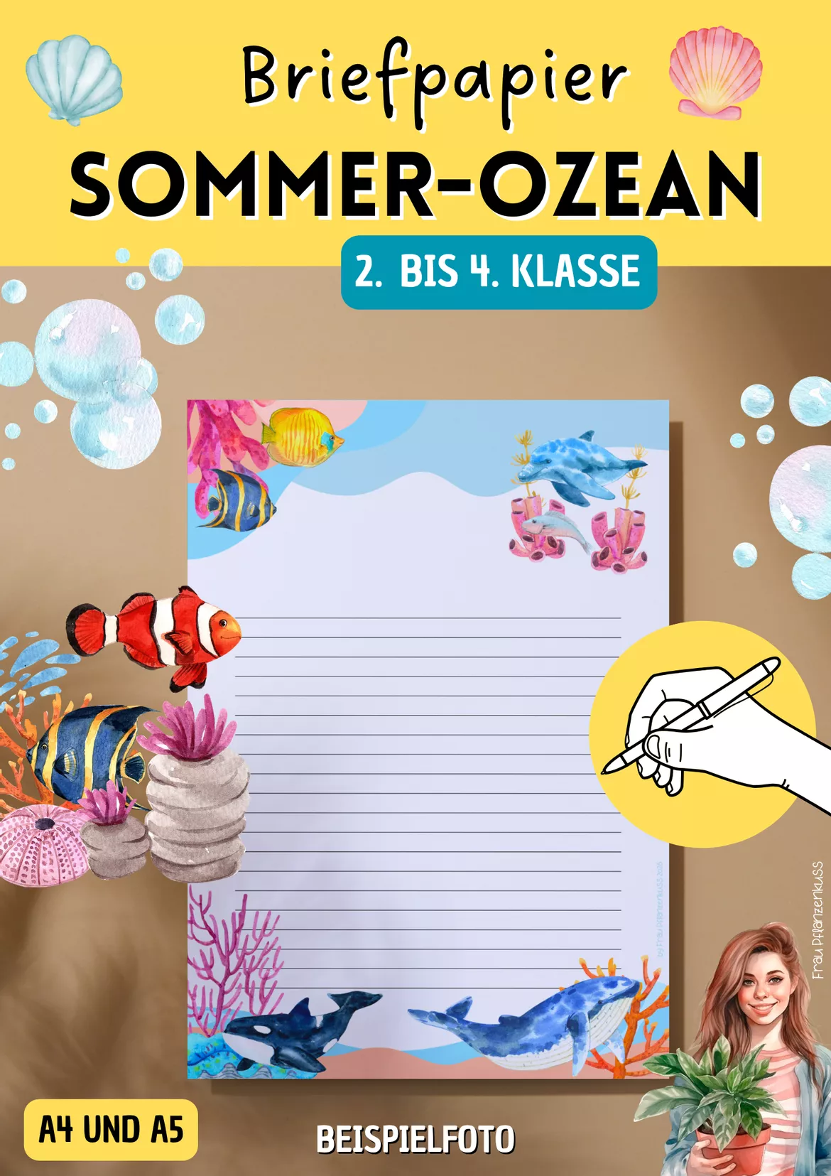 Bild in der Beschreibung des Unterrichtsmaterials Briefpapier Sommer | Ozean & Unterwasser | Delfine, Fische & Wale | Klasse 2–4 von Frau Pflanzenkuss #1