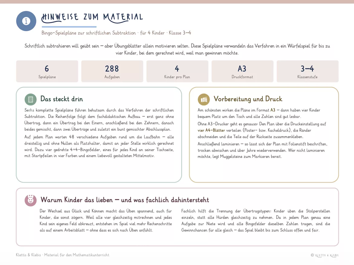 Bild in der Beschreibung des Unterrichtsmaterials Schriftliche Subtraktion: 6x A3 Bingo für 4 Personen, mit und ohne Übertrag von Klettis & Klebis #1