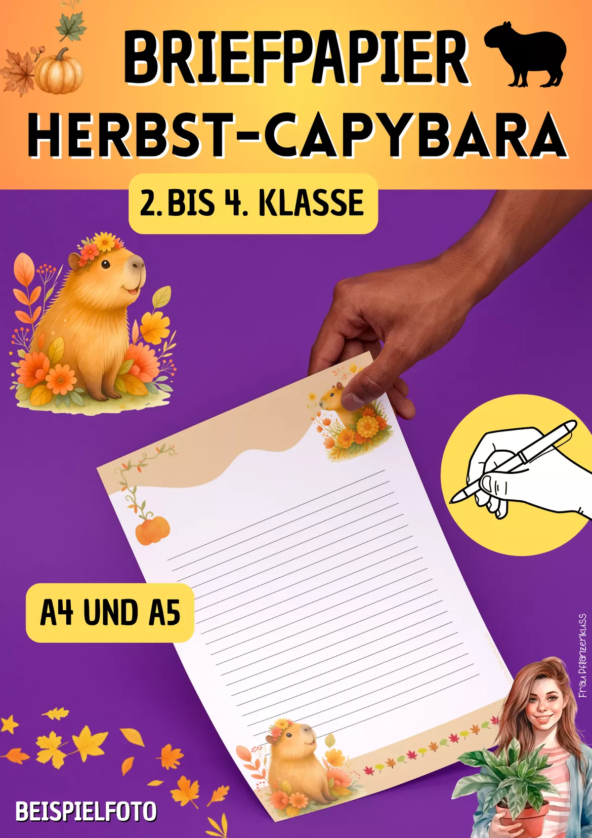 Bild in der Beschreibung des Unterrichtsmaterials Briefpapier Herbst | Niedliche Capybaras | Klasse 2–4 von Frau Pflanzenkuss #1