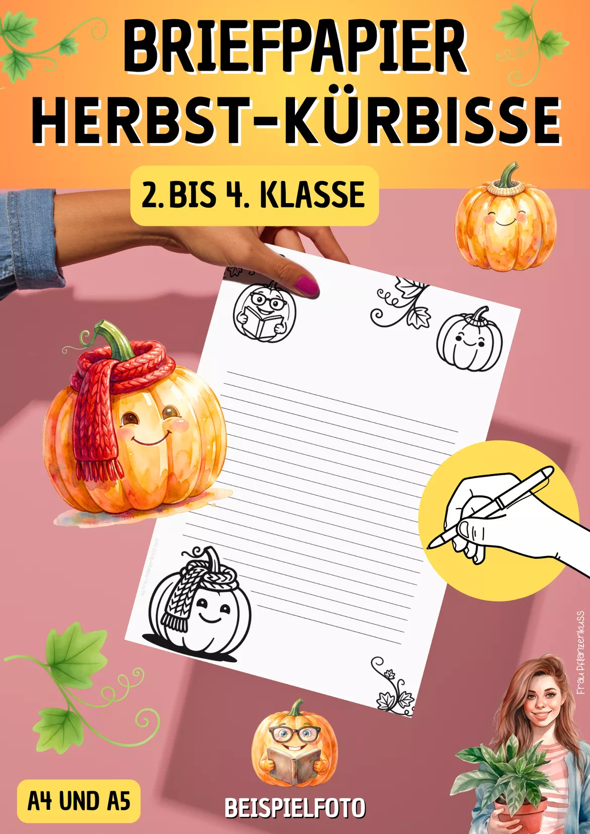 Bild in der Beschreibung des Unterrichtsmaterials Briefpapier Herbst | Niedliche Kürbisse | Klasse 2–4 von Frau Pflanzenkuss #2