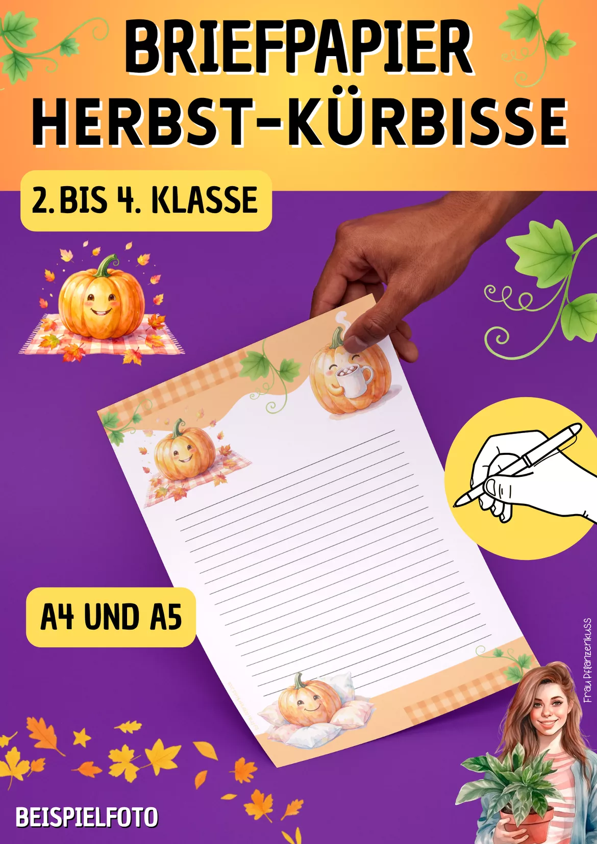 Bild in der Beschreibung des Unterrichtsmaterials Briefpapier Herbst | Niedliche Kürbisse | Klasse 2–4 von Frau Pflanzenkuss #1