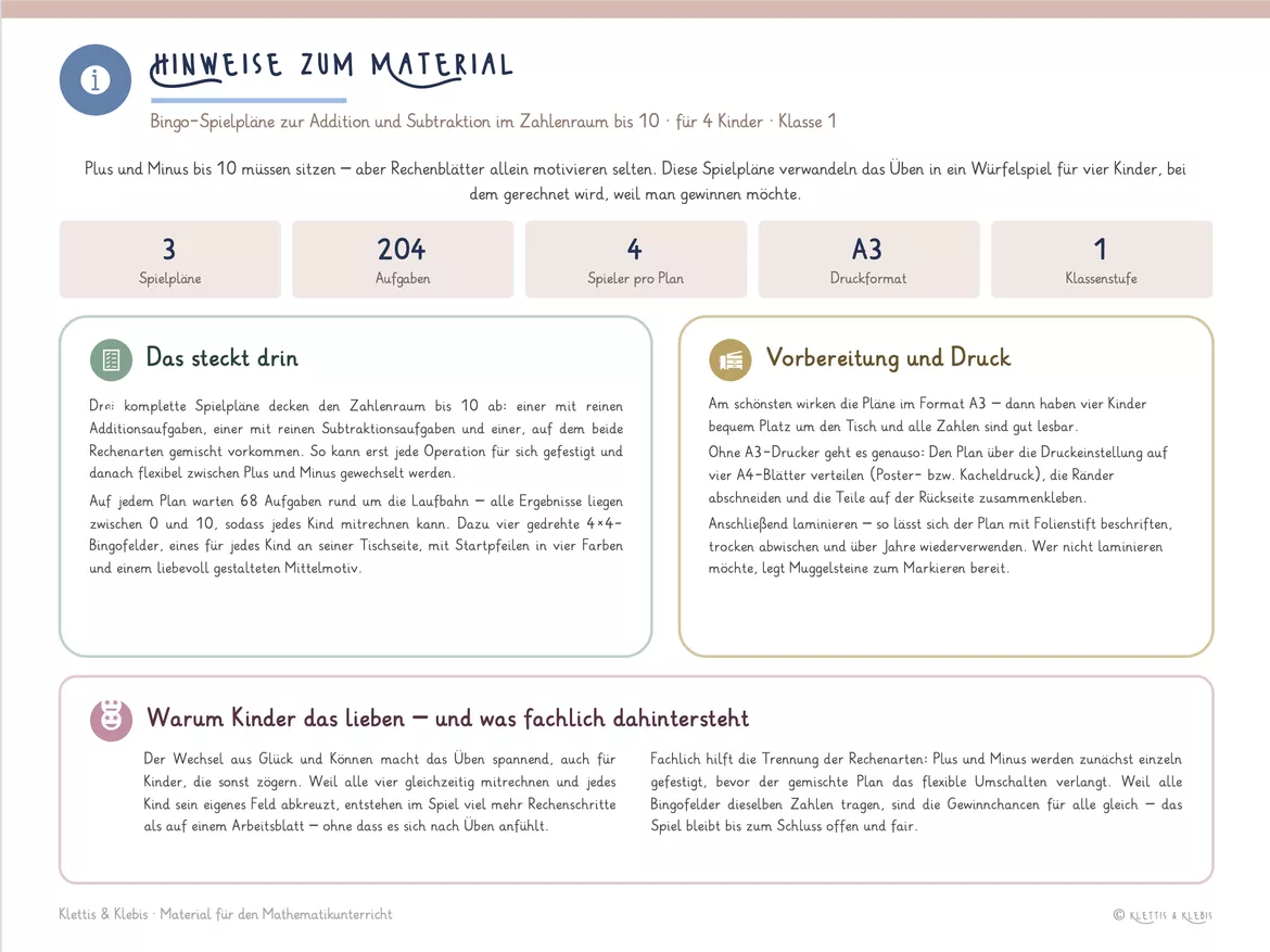 Bild in der Beschreibung des Unterrichtsmaterials Addition & Subtraktion bis 10, 3x A3 Bingos, Spiel für 4 Personen von Klettis & Klebis #1