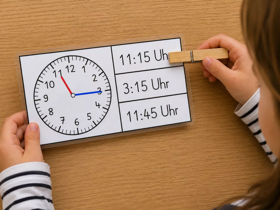 Bild in der Beschreibung des Unterrichtsmaterials Die Uhr - Klammerkarten (Viertel Stunden) von KleineKöpfeGroßesDenken #1