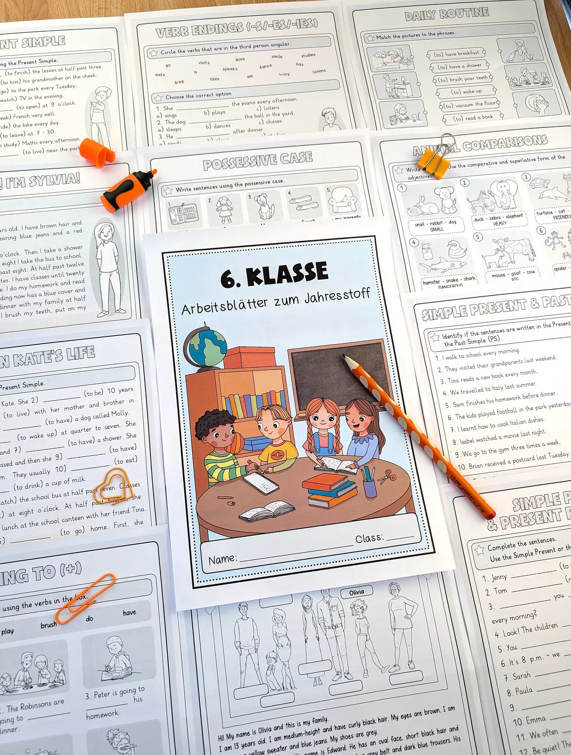 Bild in der Beschreibung des Unterrichtsmaterials Englisch Klasse 6 Arbeitsblätter – Grammatik, Wortschatz, Leseverstehen (Jahresstoff) von Brighter Day Classroom #1