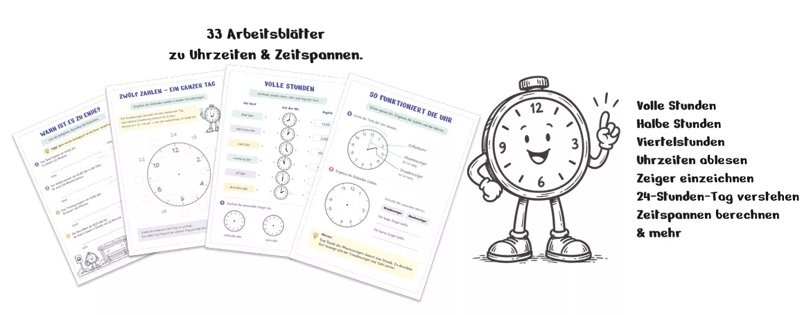 Bild in der Beschreibung des Unterrichtsmaterials Uhrzeiten & Zeitspannen Übungsheft - 33 Arbeitsblätter | Klasse 2 & 3 von TeachingRocket #1