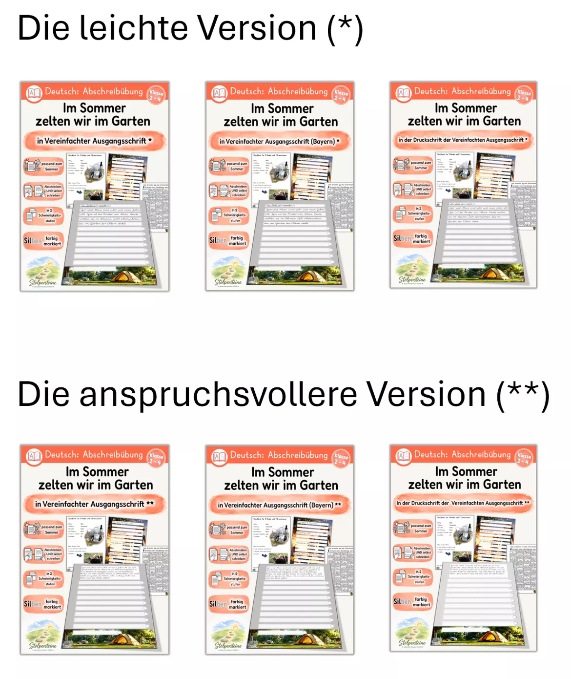 Bild in der Beschreibung des Unterrichtsmaterials Sommer Abschreibübung "Zelten im Garten" in Vereinfachter Ausgangsschrift (in 2 Schwierigkeitsstufen) von Stolpersteine #1