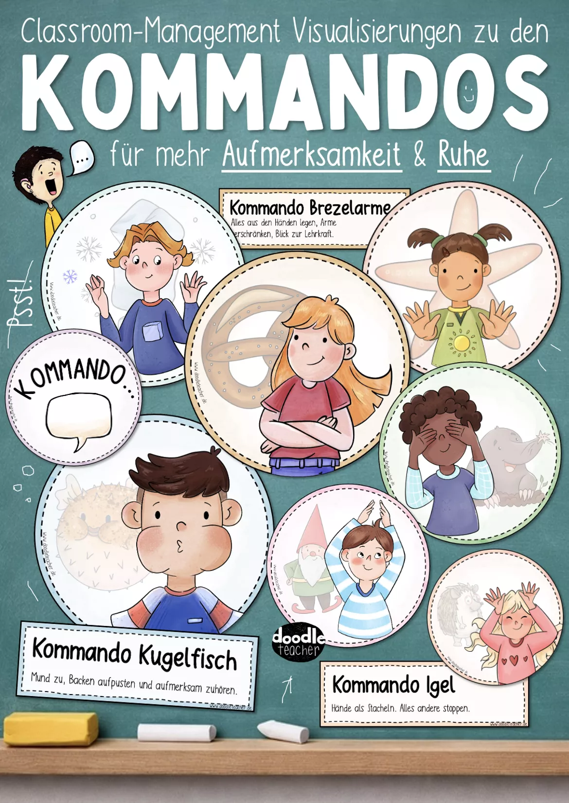 Bild in der Beschreibung des Unterrichtsmaterials 7 Kommandos (runde Schilder Set) - Ruhe & Aufmerksamkeit / Stille von Doodleteacher #2