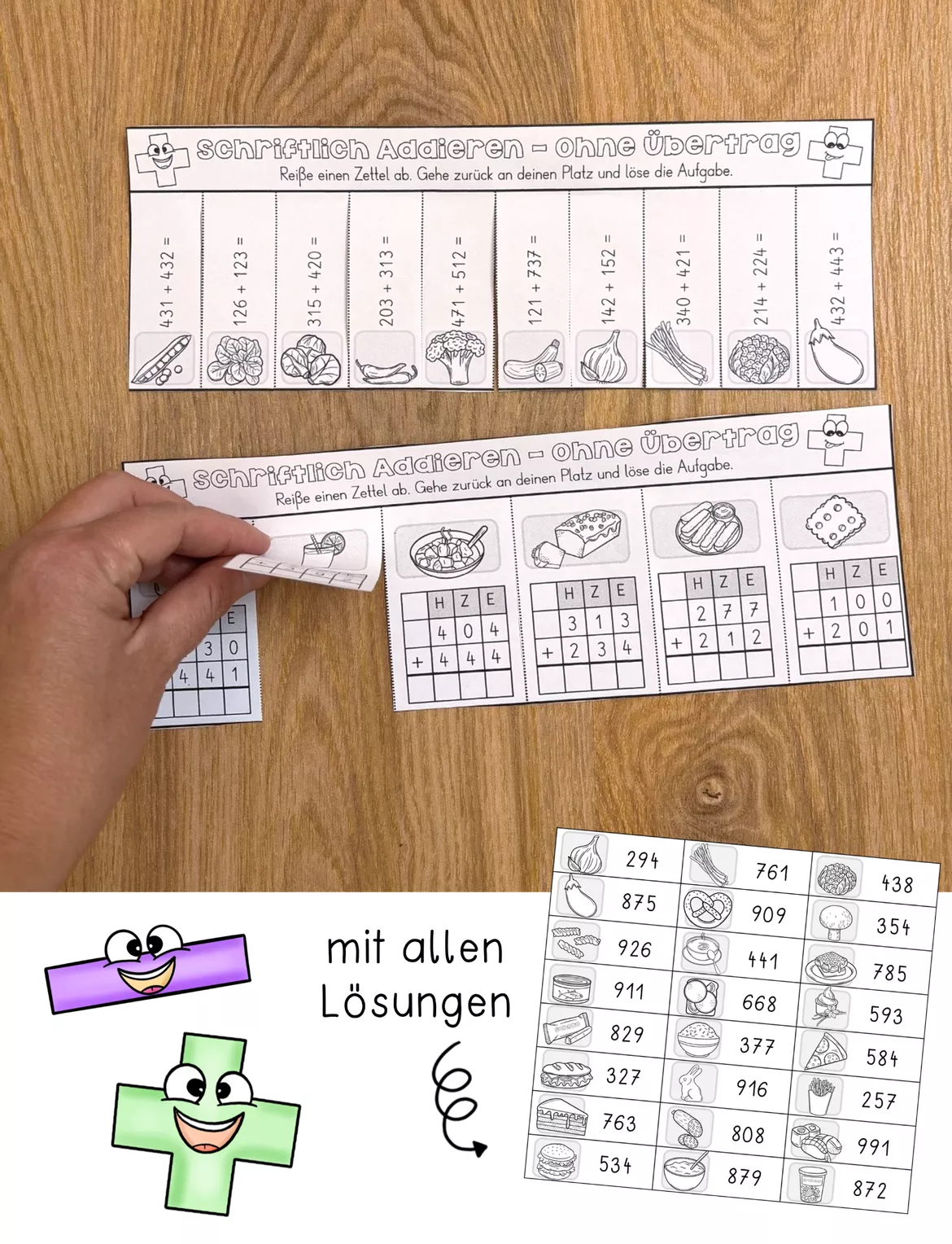 Bild in der Beschreibung des Unterrichtsmaterials Abreißzettel - Schriftliche Addition & Subtraktion im Zahlenraum 1000 - ohne Übertrag von Odd Bird & Company #2