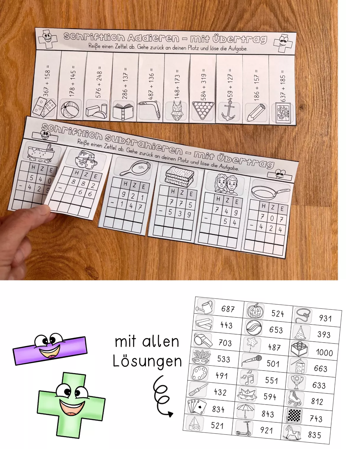 Bild in der Beschreibung des Unterrichtsmaterials Abreißzettel - Schriftliche Addition & Subtraktion im Zahlenraum 1000 - mit Übertrag von Odd Bird & Company #1