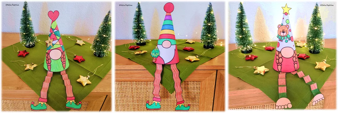 Bild in der Beschreibung des Unterrichtsmaterials Wichtel Weihnachten basteln Kunst - Weihnachtswichtel 3D Papierkegel von Helles Köpfchen #1
