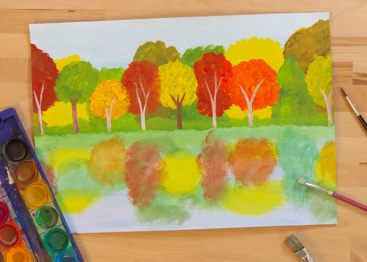 Bild in der Beschreibung des Unterrichtsmaterials Kunst Herbst, ein Herbstwald am See, Spiegelbild, Grundschule von Pinselpauker #1
