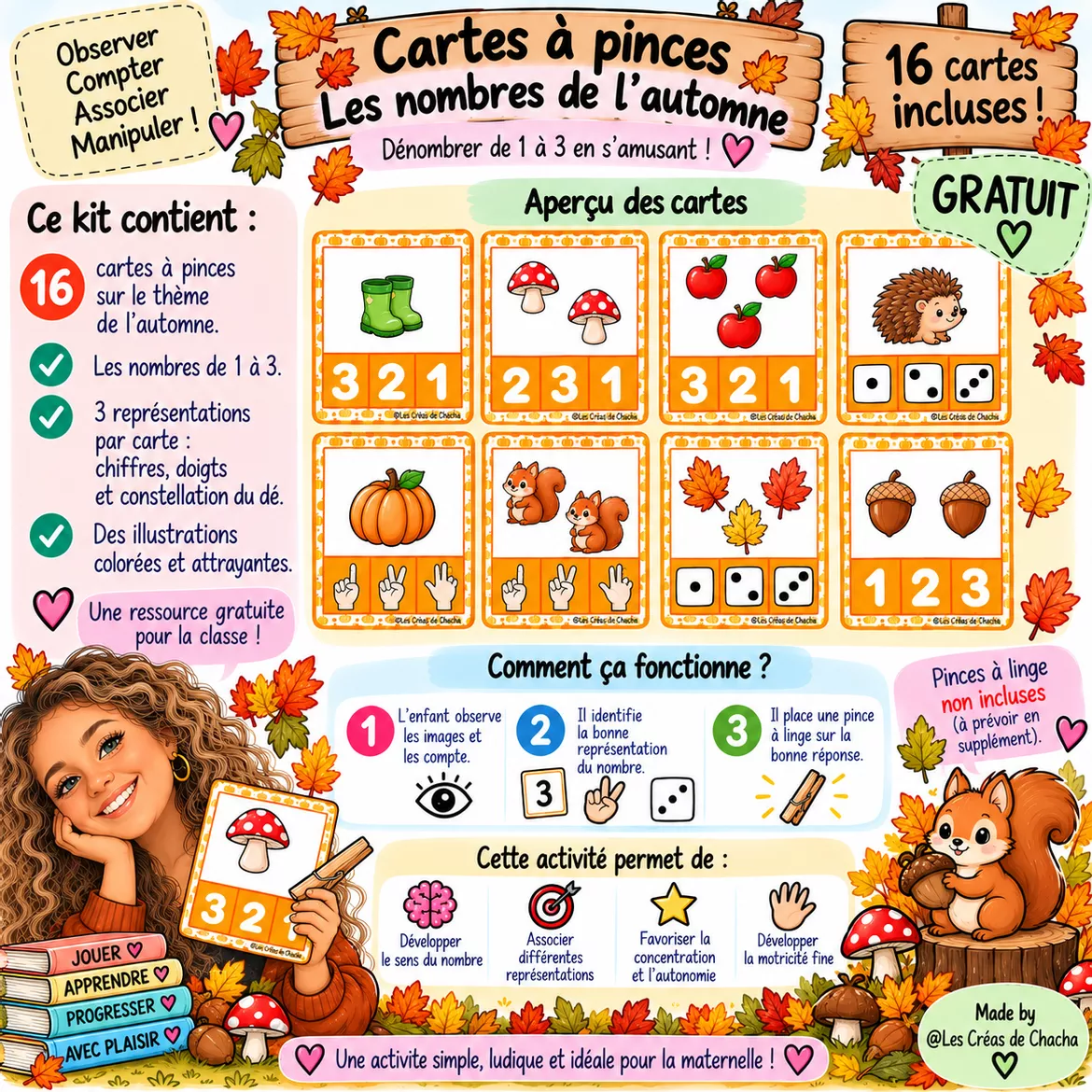 Bild in der Beschreibung des Unterrichtsmaterials 🦔GRATUIT – Cartes à pinces de 1 à 3 : l