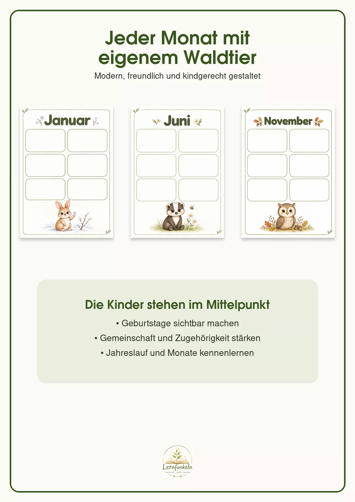 Bild in der Beschreibung des Unterrichtsmaterials 🦉Geburtstagskalender mit Waldtieren – 12 Monatsseiten & Namenskärtchen von Lernfunkeln Materialien #3