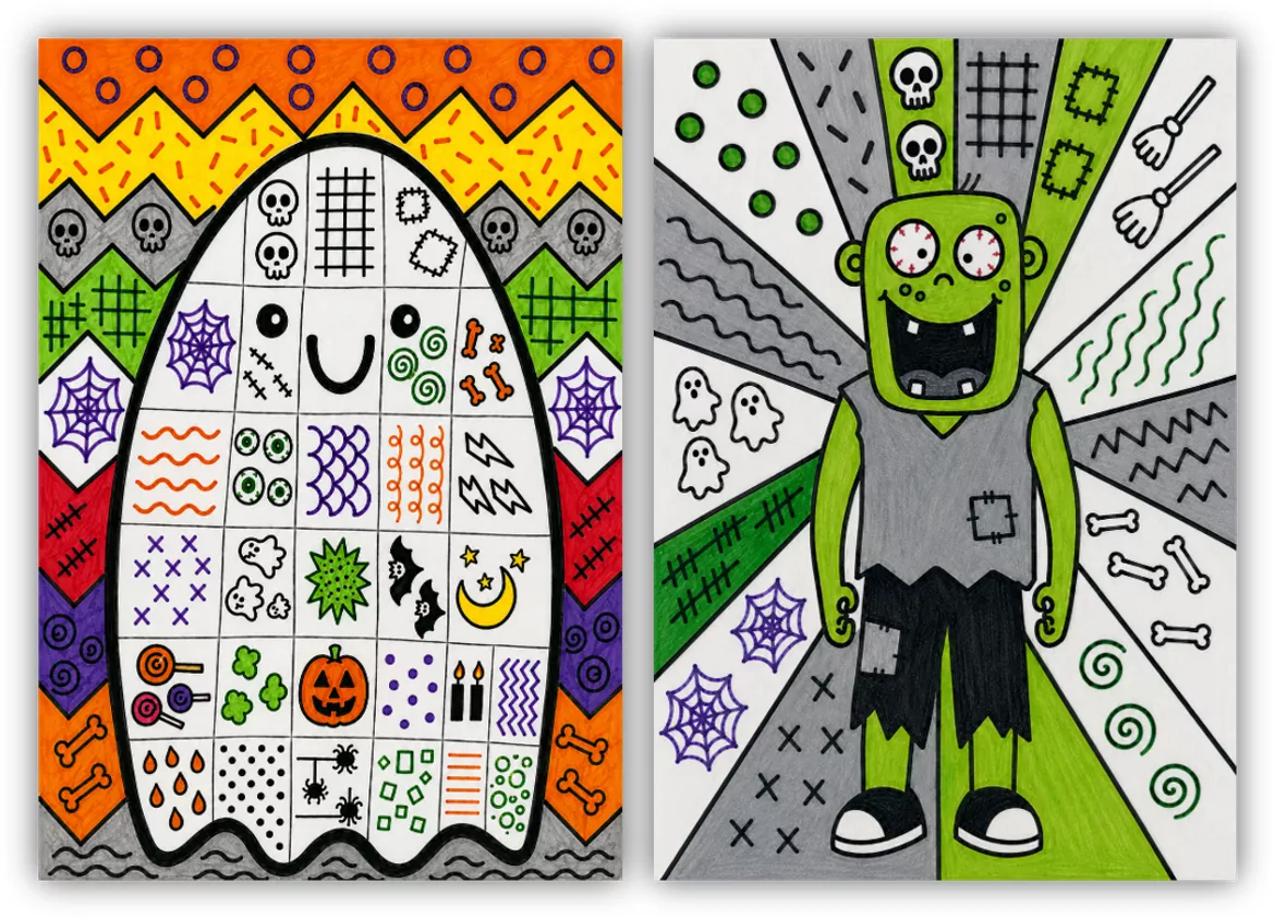 Bild in der Beschreibung des Unterrichtsmaterials Halloween Kunst Grundschule - Würfeln und malen Pop Art von Helles Köpfchen #1