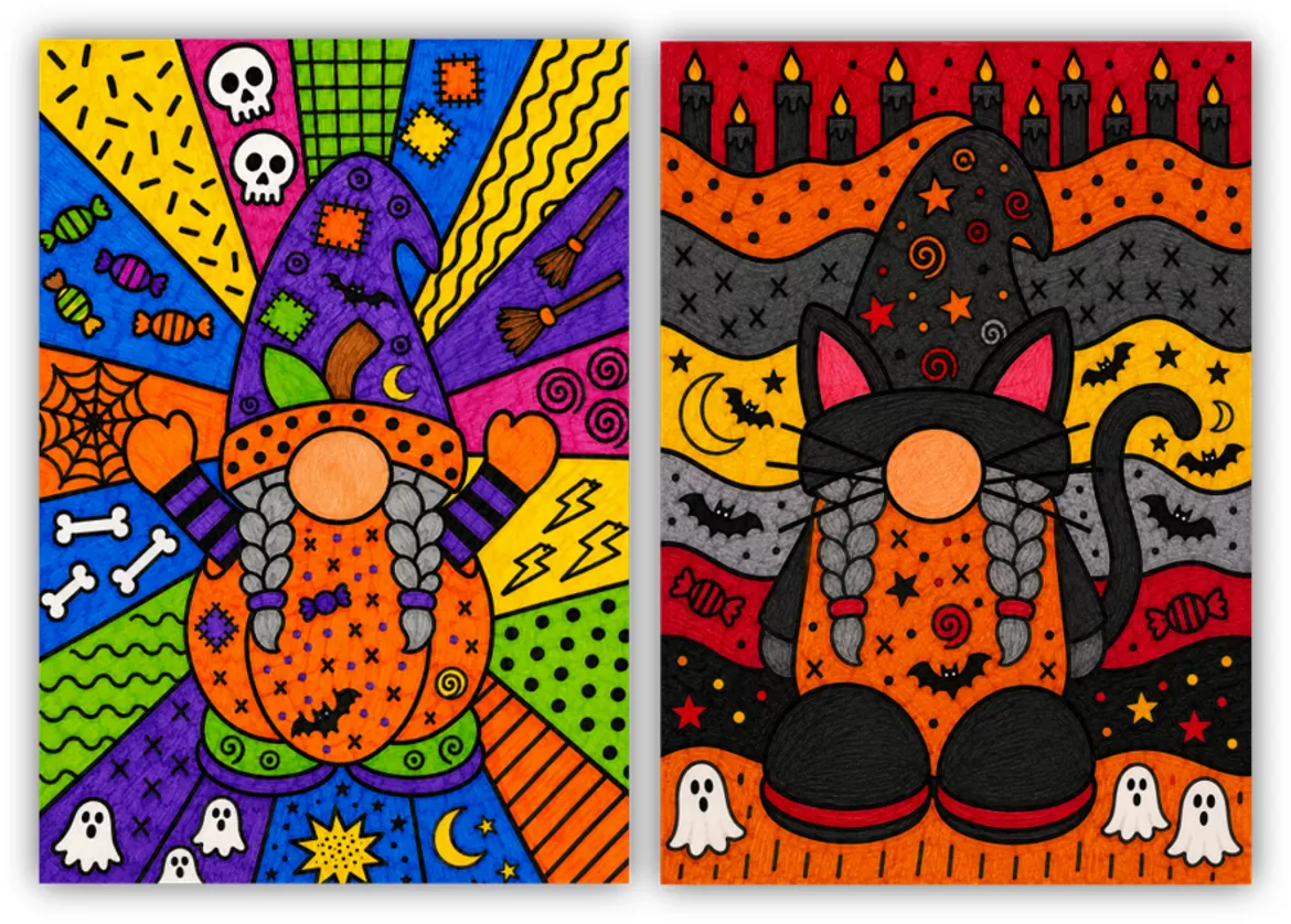 Bild in der Beschreibung des Unterrichtsmaterials Halloween Kunst Würfeln und malen WICHTEL Pop Art von Helles Köpfchen #1