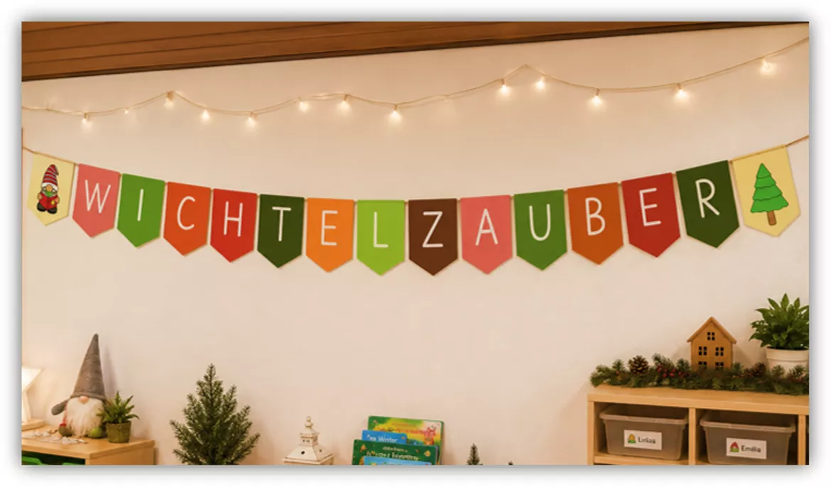 Bild in der Beschreibung des Unterrichtsmaterials Ein Wichtel zieht ein - Wimpelkette Klassenzimmer Deko von Helles Köpfchen #1