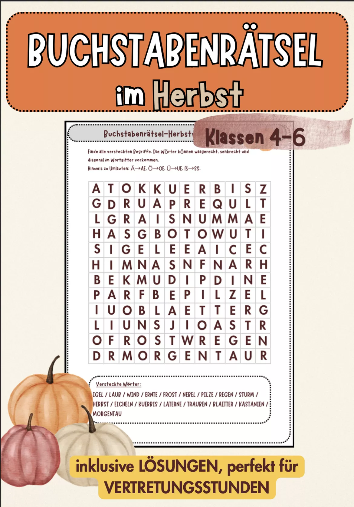 Bild in der Beschreibung des Unterrichtsmaterials Vertretungsstunde Herbst Klasse 5/6 – Detektivfall „Der verschwundene Riesenkürbis“ | Rätsel von Farbenflug #1