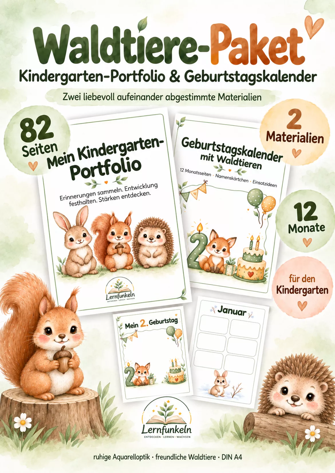Bild in der Beschreibung des Unterrichtsmaterials 🦉Waldtiere-Paket – Kindergarten-Portfolio & Geburtstagskalender | 82 Seiten von Lernfunkeln Materialien #1