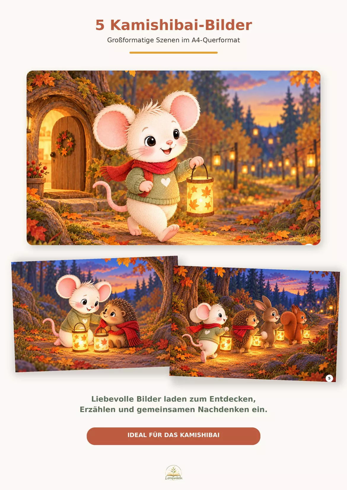Bild in der Beschreibung des Unterrichtsmaterials Mia Maus und das Licht des Teilens – Kamishibai zum Martinsfest mit 5 Bildern & pädagogischem Begleitmaterial von Lernfunkeln Materialien #3