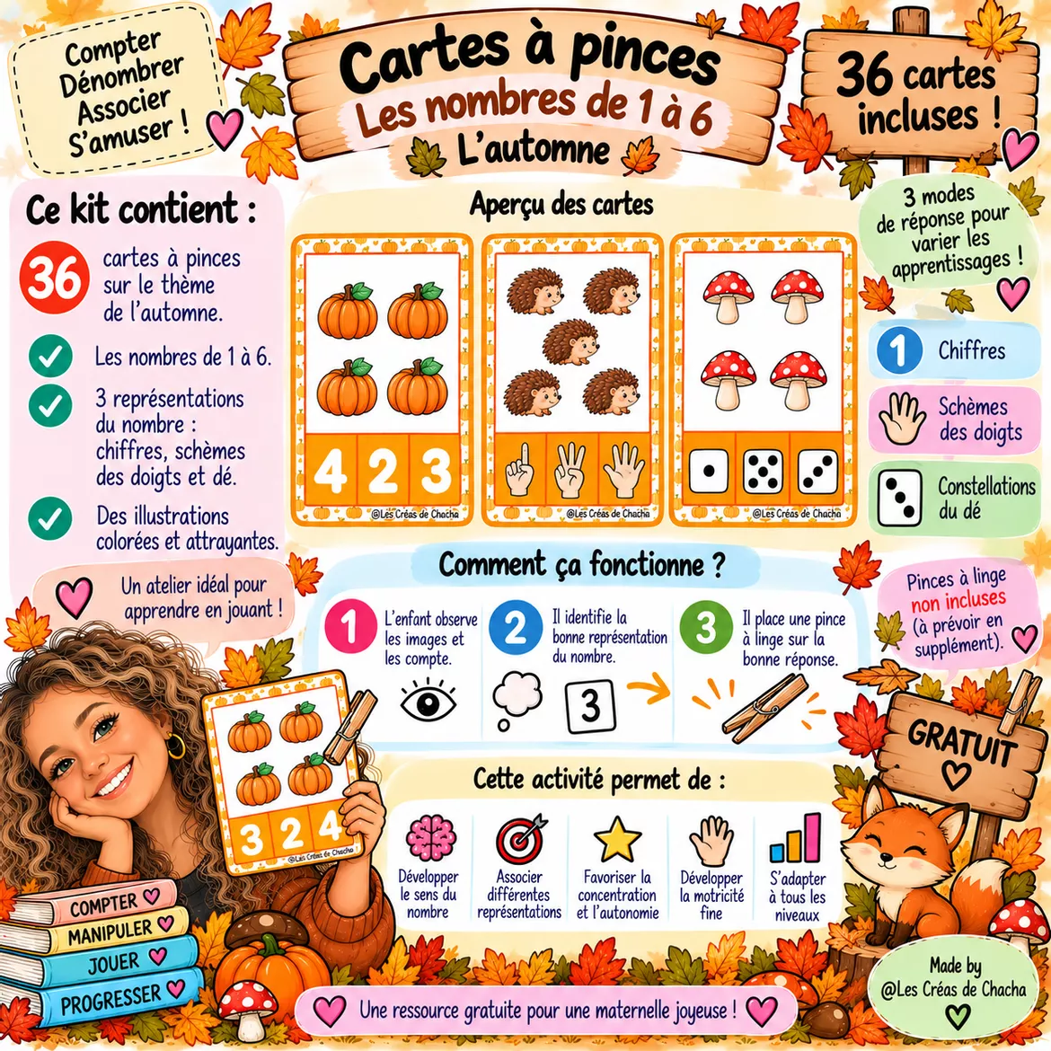 Bild in der Beschreibung des Unterrichtsmaterials 🔢🍁36 cartes à pinces de l’automne : les nombres de 1 à 6 🔢🍁 von Les Créas de Chacha #1