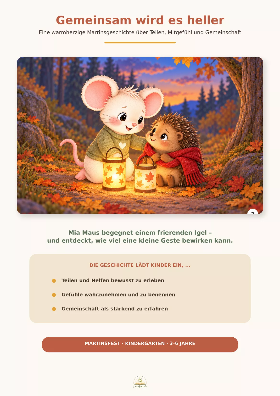 Bild in der Beschreibung des Unterrichtsmaterials Mia Maus und das Licht des Teilens – Kamishibai zum Martinsfest mit 5 Bildern & pädagogischem Begleitmaterial von Lernfunkeln Materialien #2