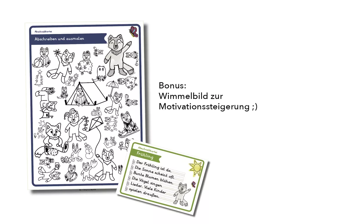 Bild in der Beschreibung des Unterrichtsmaterials Abschreibkartei Grundschrift & teilverbundene Grundschrift + Wimmelbild von Michelle Wendt #2