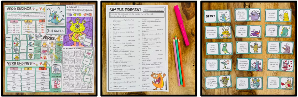 Bild in der Beschreibung des Unterrichtsmaterials Verben Englisch Klasse 4, 5, 6, 7, English Verbs, Wortschatz, Simple Present, 3. Person Singular, Verbendungen -s / -es / -ies, Arbeitsblätter, Lernspiele | Materialpaket von Unterrichtmitspass #1