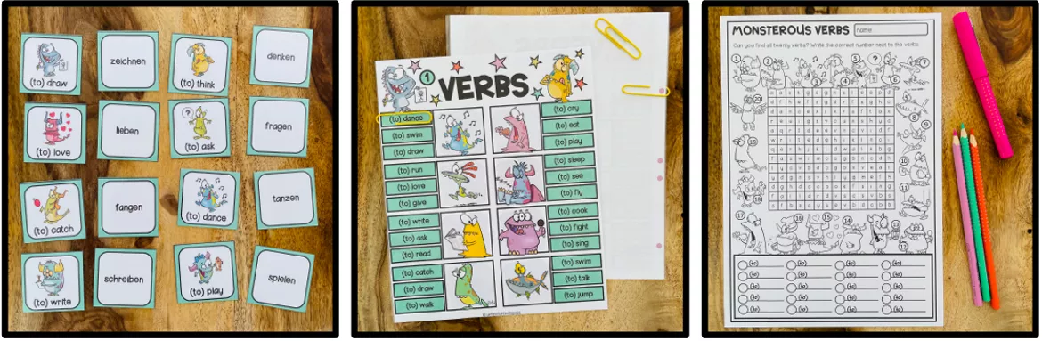 Bild in der Beschreibung des Unterrichtsmaterials Verben Englisch Klasse 4, 5, 6, 7, English Verbs, Wortschatz, Simple Present, 3. Person Singular, Verbendungen -s / -es / -ies, Arbeitsblätter, Lernspiele | Materialpaket von Unterrichtmitspass #2
