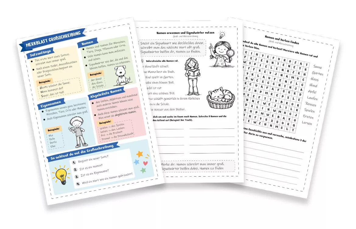 Bild in der Beschreibung des Unterrichtsmaterials Groß- und Kleinschreibung - Übungsheft & Merkblatt | Deutsch Klasse 3, 4 & 5 von TeachingRocket #1