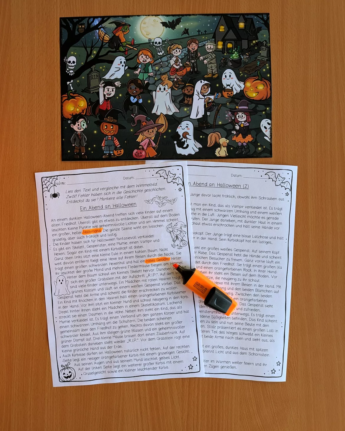 Bild in der Beschreibung des Unterrichtsmaterials Halloween Wimmelbild – Lesetexte mit Fehlern | 4-fach differenziert | Leseverständnis Klasse 3 & 4 von Coolinschool._ - Leseförderung und mehr #1