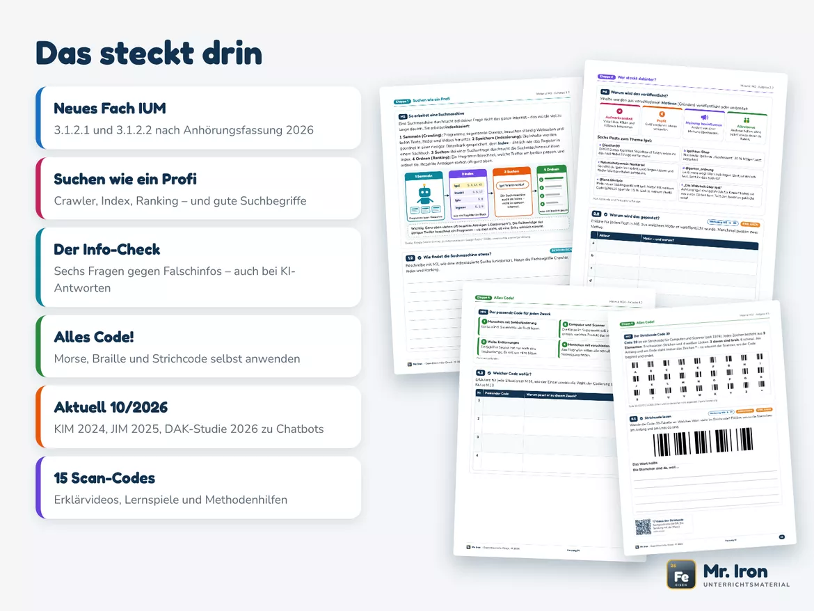 Bild in der Beschreibung des Unterrichtsmaterials Infos suchen, prüfen und Codes verstehen – Lernjob Informatik und Medienbildung IUM Kl. 5/6 (G/M/E mit Lösungen) von Mr. Iron #2