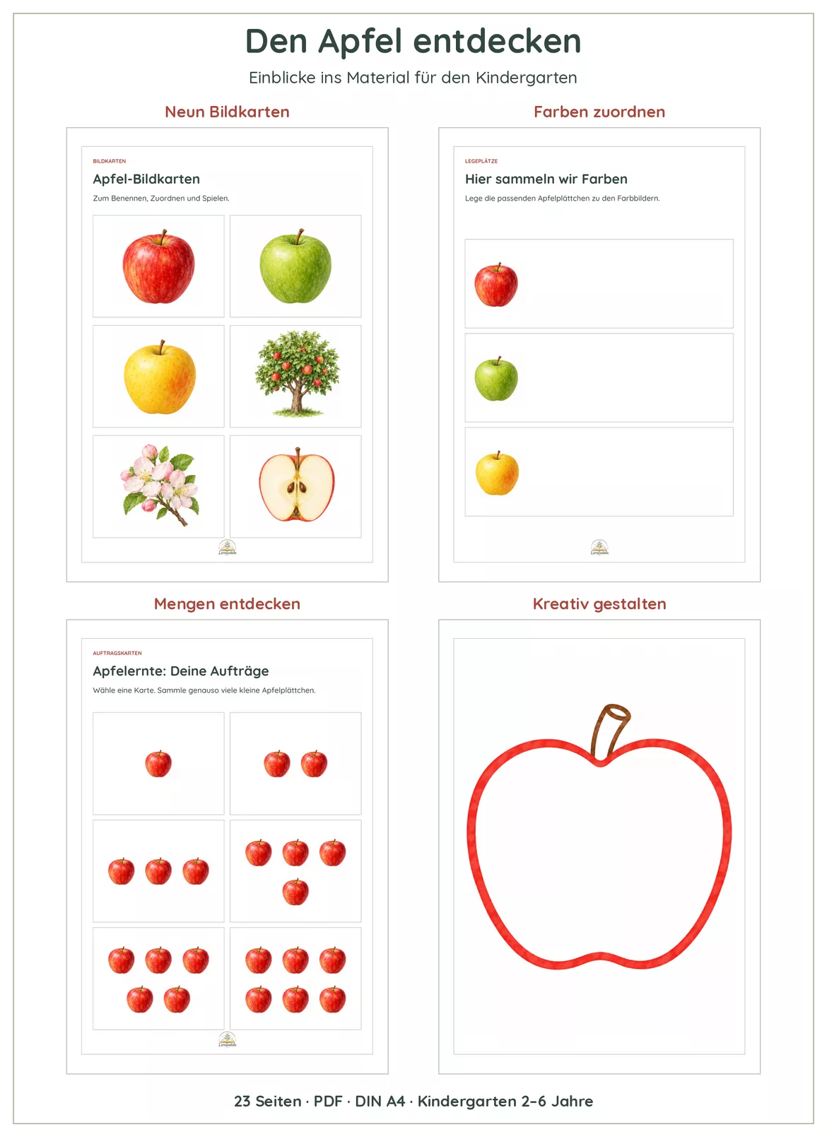 Bild in der Beschreibung des Unterrichtsmaterials 🍎Apfel entdecken im Kindergarten | Bildkarten, Mengen, Muster & Basteln | 2–6 Jahre von Lernfunkeln Materialien #1