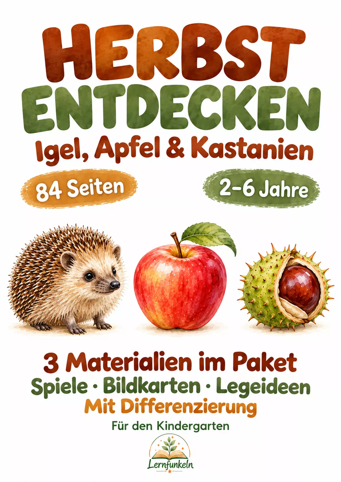 Bild in der Beschreibung des Unterrichtsmaterials 🍂🍎Herbst entdecken: Igel, Apfel & Kastanien – Kindergarten-Paket für 2–6 Jahre von Lernfunkeln Materialien #1