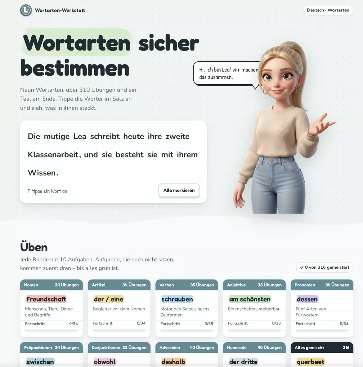 Bild in der Beschreibung des Unterrichtsmaterials Wortarten Komplettpaket: Arbeitsblätter + digitale LernApp mit Lea (Tablet & PC) von Lehrerliga #1
