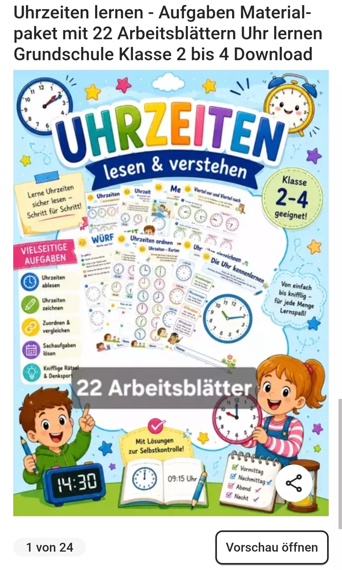 Bild in der Beschreibung des Unterrichtsmaterials Uhr lernen leicht gemacht – Arbeitsblatt für Klasse 1 & 2 Aufgaben Uhrzeit Analog von EduHero #1