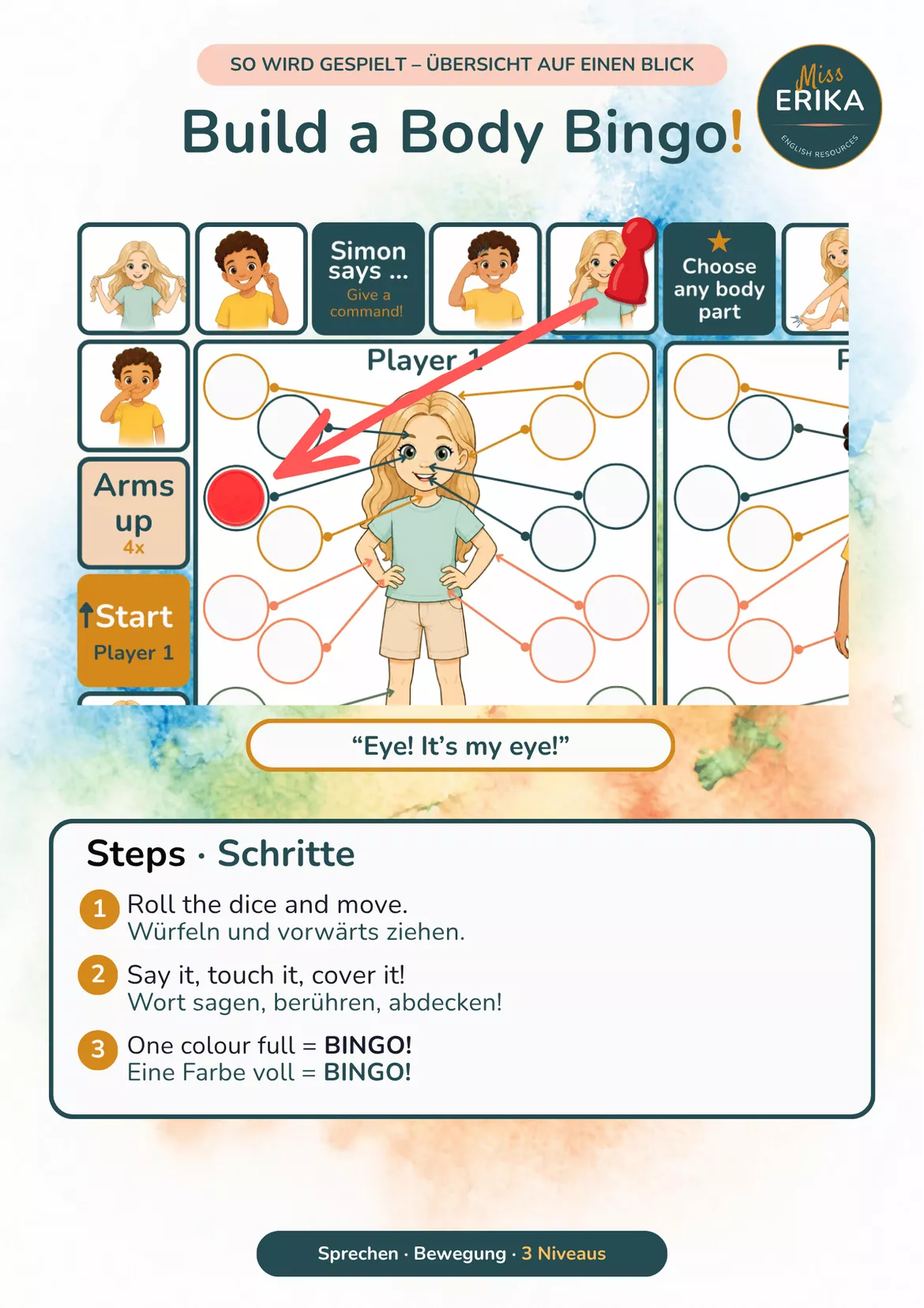Bild in der Beschreibung des Unterrichtsmaterials Körperteile Englisch – Bingo-Würfelspiel «Build a Body Bingo» in 3 Niveaus | My Body | Klasse 1–4 | Young World 1 Unit 2 von Miss Erika #1