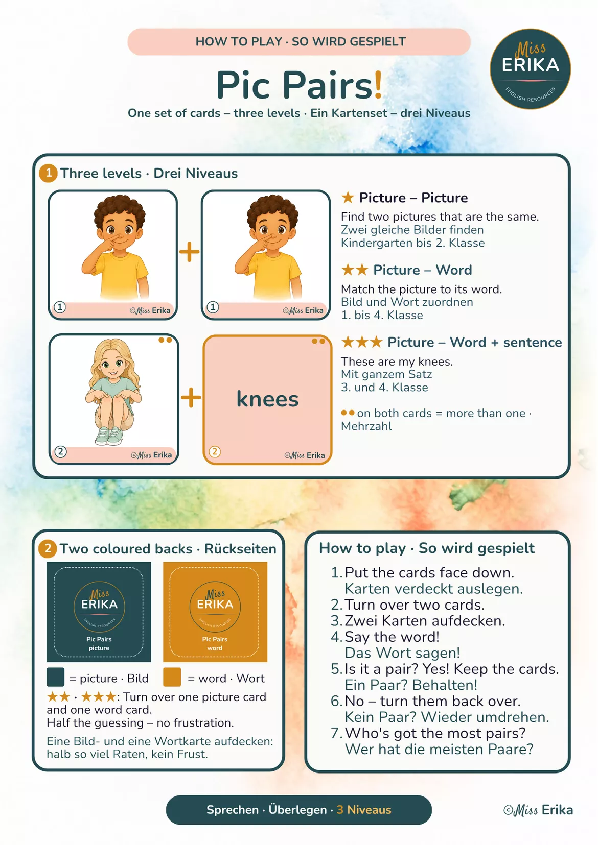 Bild in der Beschreibung des Unterrichtsmaterials Körperteile Englisch – Paare-Spiel mit 3 Niveaus | My Body | Klasse 1–4 | Young World 1 Unit 2 von Miss Erika #1