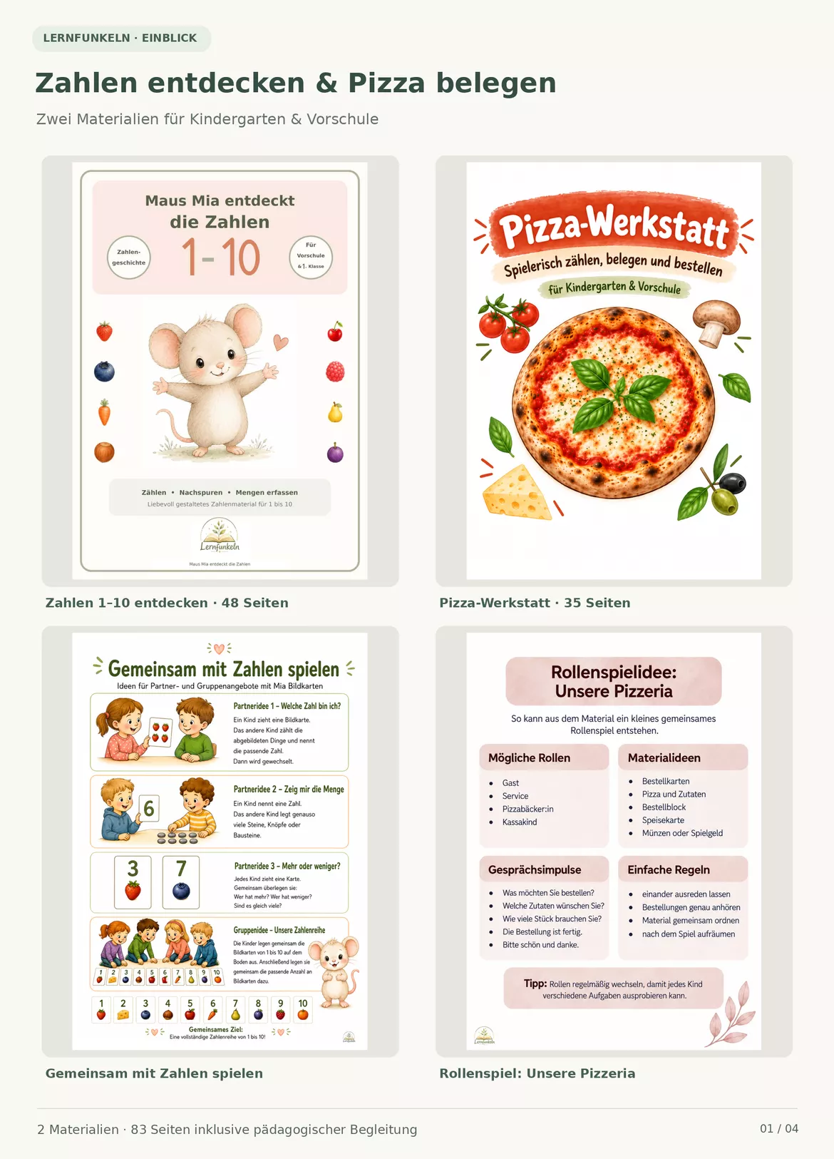Bild in der Beschreibung des Unterrichtsmaterials Zahlen 1–10 entdecken & Pizza-Werkstatt | Zählen, Mengen & Rollenspiel | Kindergarten & Vorschule von Lernfunkeln Materialien #1