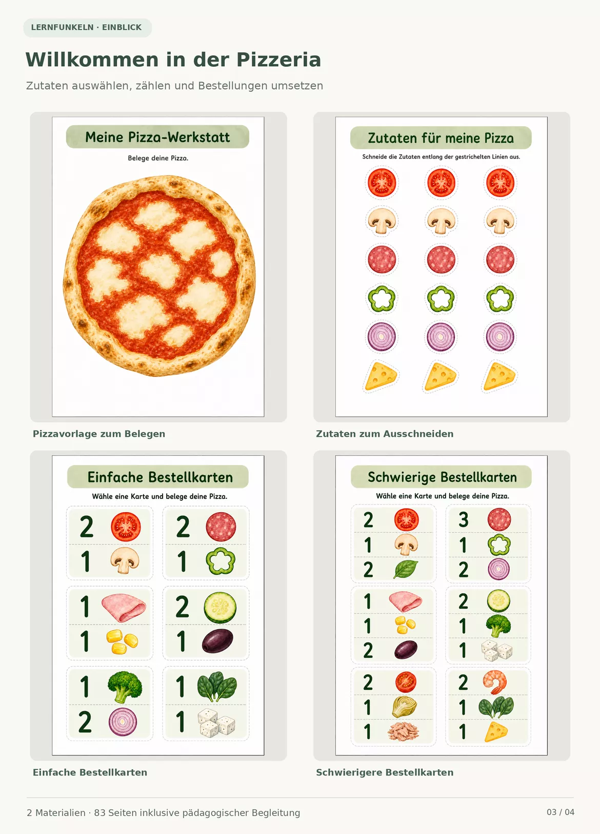 Bild in der Beschreibung des Unterrichtsmaterials Zahlen 1–10 entdecken & Pizza-Werkstatt | Zählen, Mengen & Rollenspiel | Kindergarten & Vorschule von Lernfunkeln Materialien #3