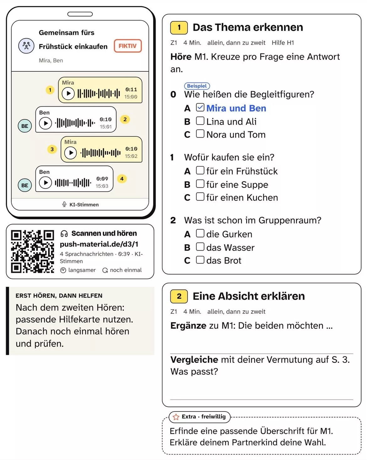 Bild in der Beschreibung des Unterrichtsmaterials DaZ Hörverstehen: Gemeinsam fürs Frühstück einkaufen, Kl. 4–6, mit Audio von PUSH #1