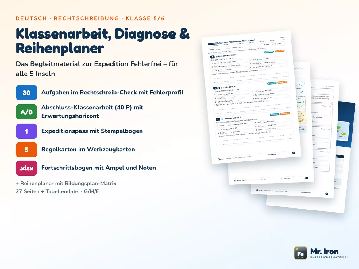 Bild in der Beschreibung des Unterrichtsmaterials Klassenarbeit Rechtschreibung Kl. 5/6 + Diagnose & Reihenplaner von Mr. Iron #1