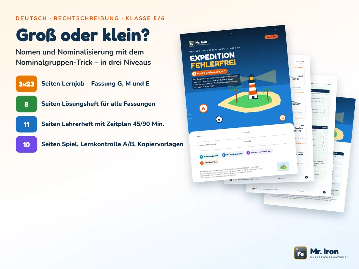 Bild in der Beschreibung des Unterrichtsmaterials Nominalisierung & Großschreibung Klasse 5/6 – Lernjob G/M/E - mit Lösungen von Mr. Iron #1