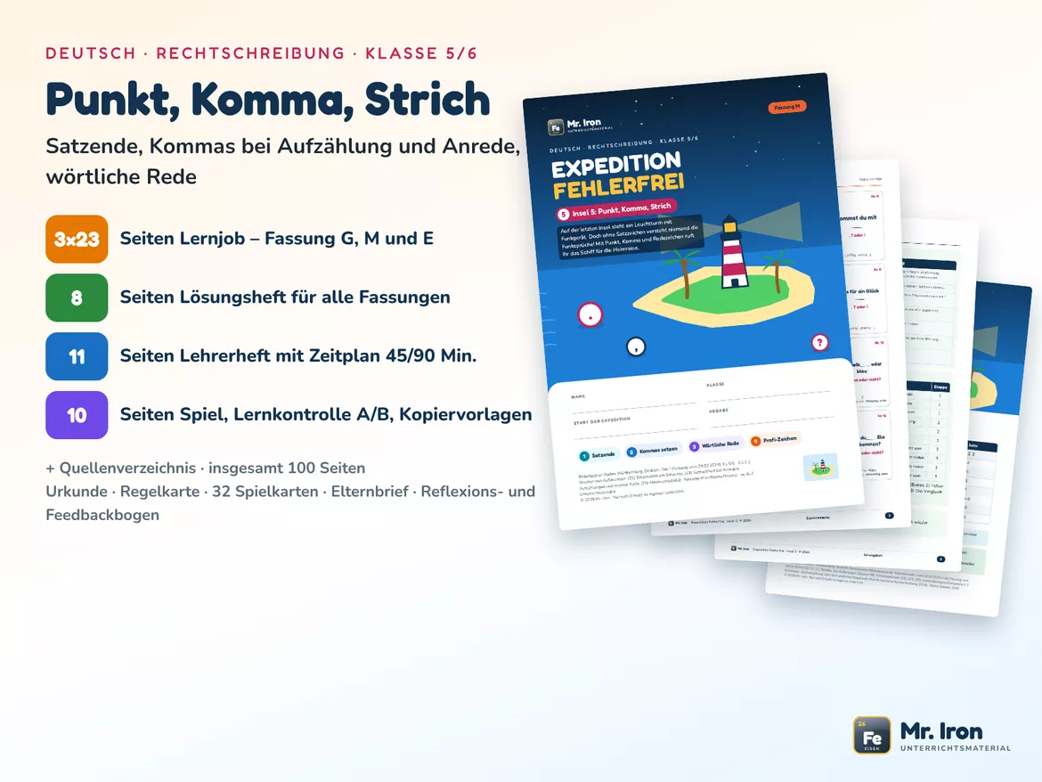 Bild in der Beschreibung des Unterrichtsmaterials Zeichensetzung: Punkt, Komma, Strich - Satzzeichen & wörtliche Rede Kl. 5/6 G/M/E mit Lösung von Mr. Iron #1