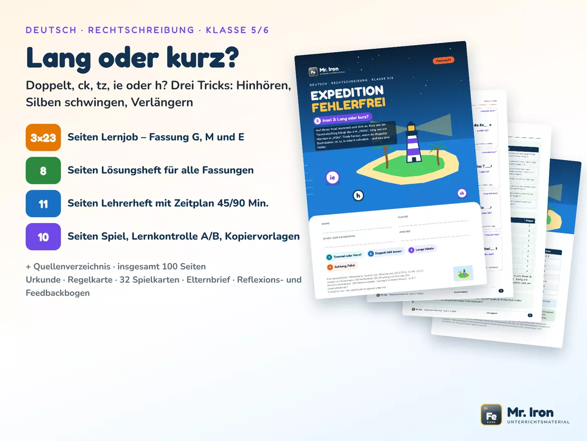Bild in der Beschreibung des Unterrichtsmaterials Lang oder kurz? Doppelkonsonanten, ck, tz, ie, h – Kl. 5/6 G/M/E mit Lösung von Mr. Iron #1