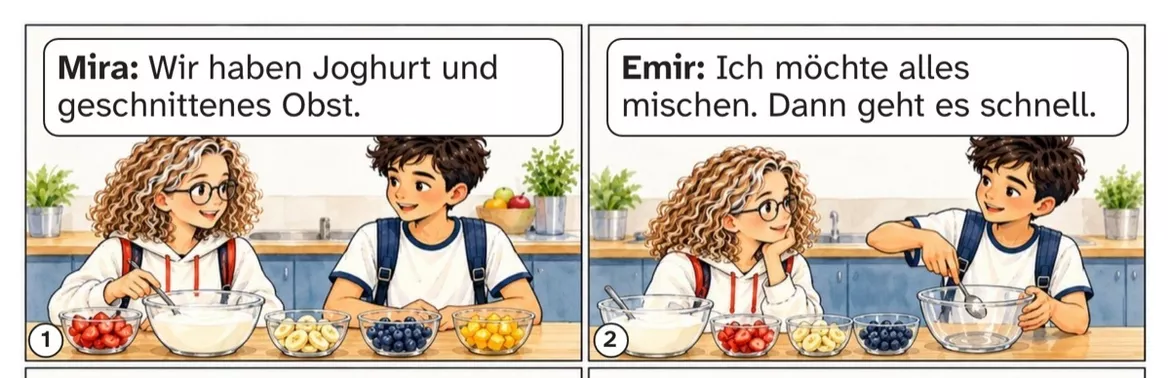 Bild in der Beschreibung des Unterrichtsmaterials DaZ A2: Ein Rezept, zwei Ideen – Comic, Aufgaben und Lösungen von PUSH #1