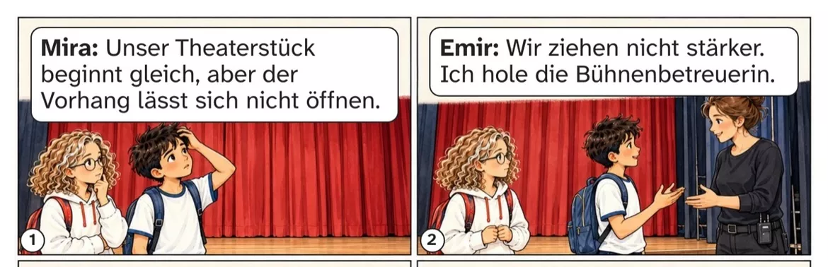 Bild in der Beschreibung des Unterrichtsmaterials DaZ A2: Der Vorhang bleibt zu – Comic, Aufgaben und Lösungen von PUSH #1