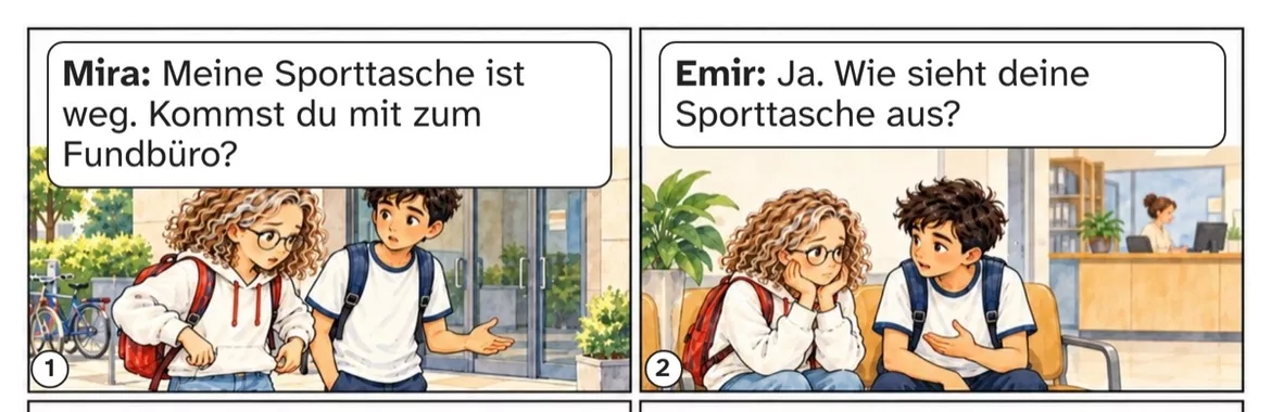 Bild in der Beschreibung des Unterrichtsmaterials DaZ A1: Die verschwundene Sporttasche – Comic, Aufgaben und Lösungen von PUSH #1